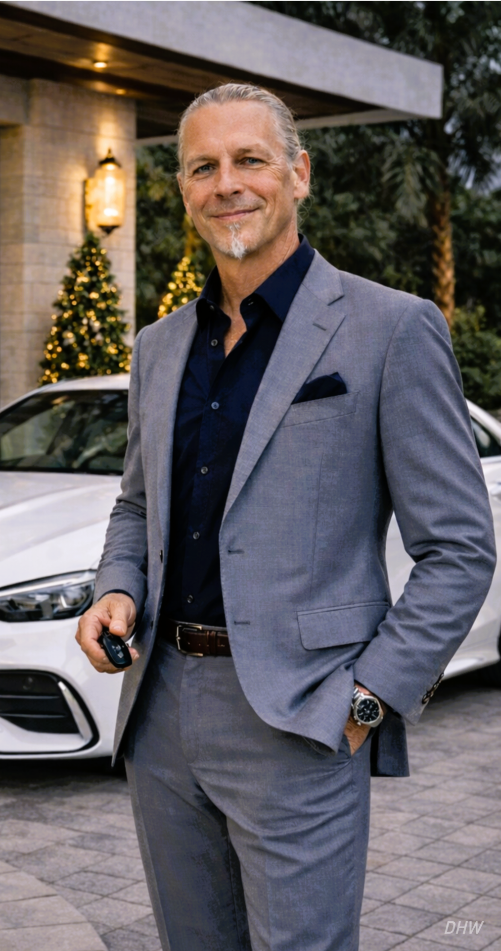 H. Pfeifer, Founder & President of Daytona Home Watch, pictured in a gray suit by a white luxury car, representing leadership and expertise in property and boat care.